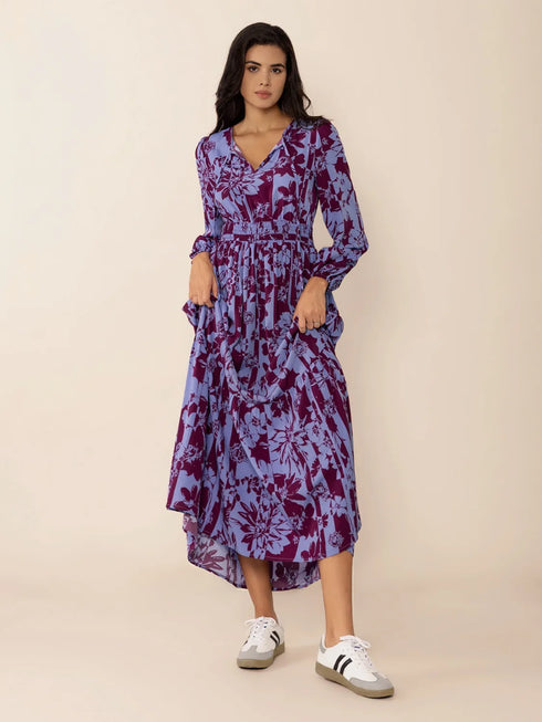 printed-tie-neck-balloon-sleeve-maxi-dress OhSoStyled at Sophia's Style-3