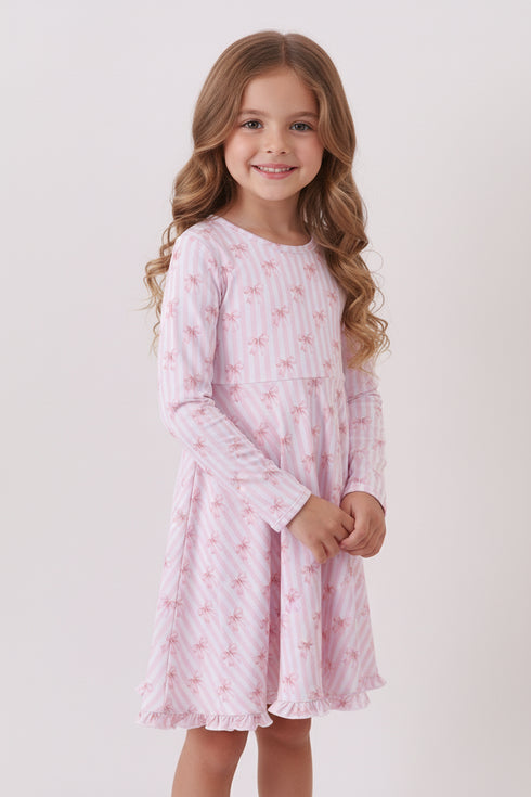 Premium blush bow stripe print ruffle bamboo dress