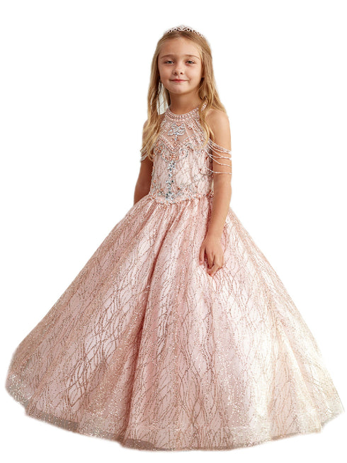 Big Girls Rose Gold Dangling Beads Choker Style Pageant Dress 8-16 - SophiasStyle.com