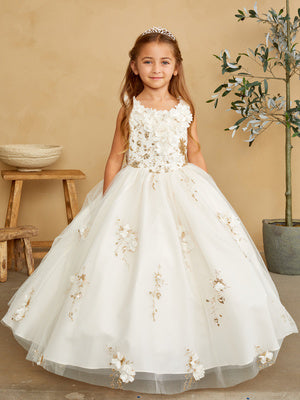 Girls 3D Flower Applique Glitter Mesh Special Occasion Dress 2-16