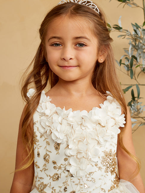 Girls 3D Flower Applique Glitter Mesh Special Occasion Dress 2-16