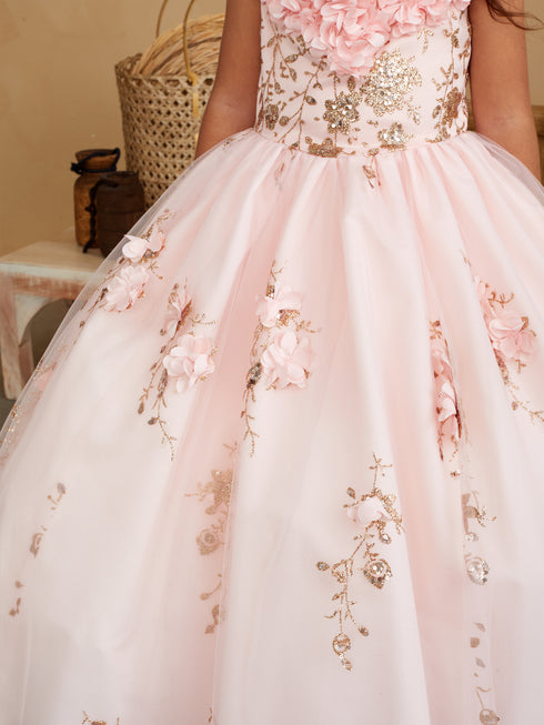 Girls 3D Flower Applique Glitter Mesh Special Occasion Dress 2-16