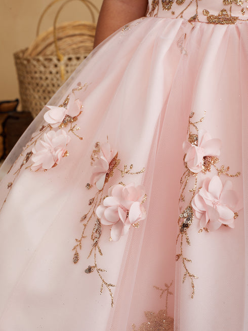 Girls 3D Flower Applique Glitter Mesh Special Occasion Dress 2-16