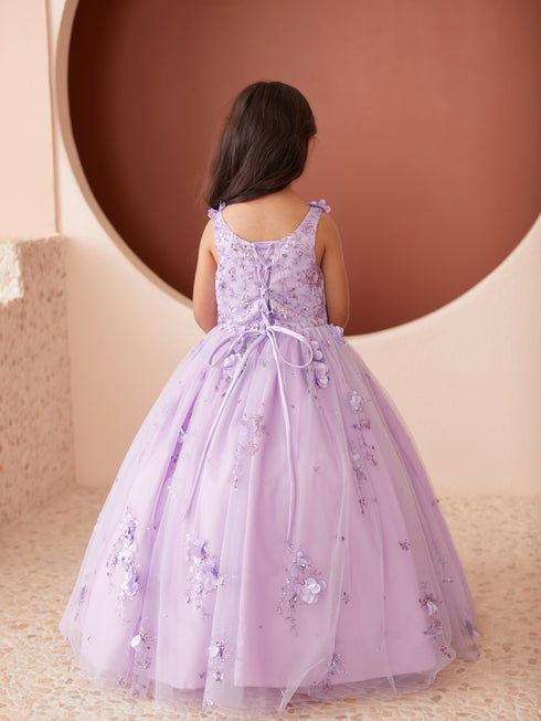Girls 3D Flower Applique Glitter Mesh Special Occasion Dress 2-16