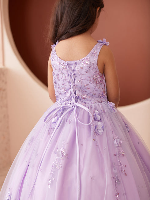 Girls 3D Flower Applique Glitter Mesh Special Occasion Dress 2-16