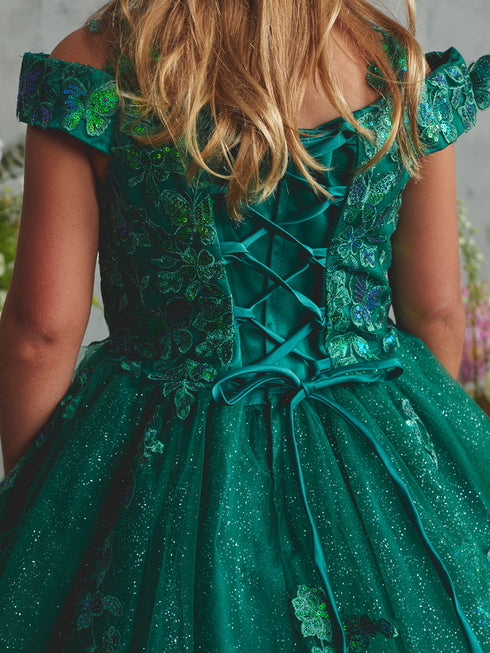 3D Butterfly Applique Bodice Glitter Off Shoulder Special Occasion Dress, Sizes 2-18