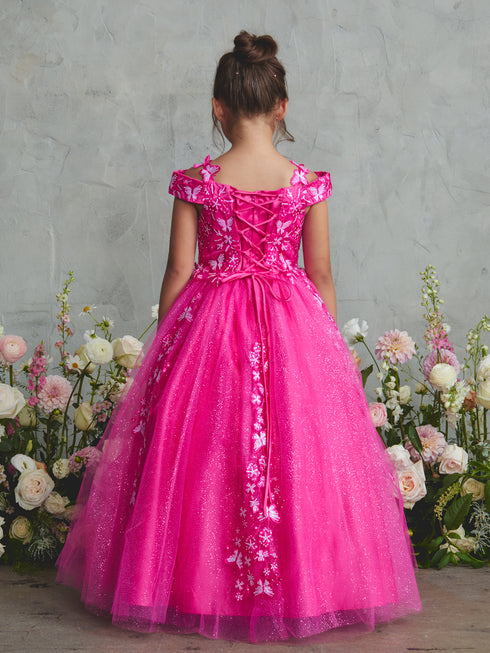 3D Butterfly Applique Bodice Glitter Off Shoulder Special Occasion Dress, Sizes 2-18