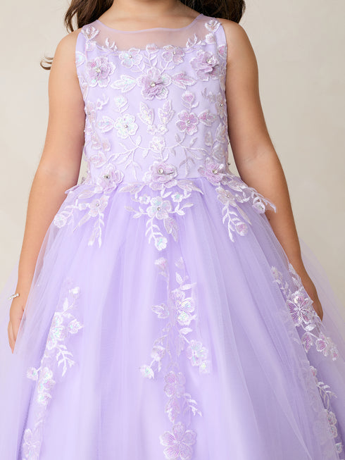 Girls Princess Tulle Dress with Floral Lace Appliqués – Elegant Flower Girl & Party Gown Formal Dress 2-16