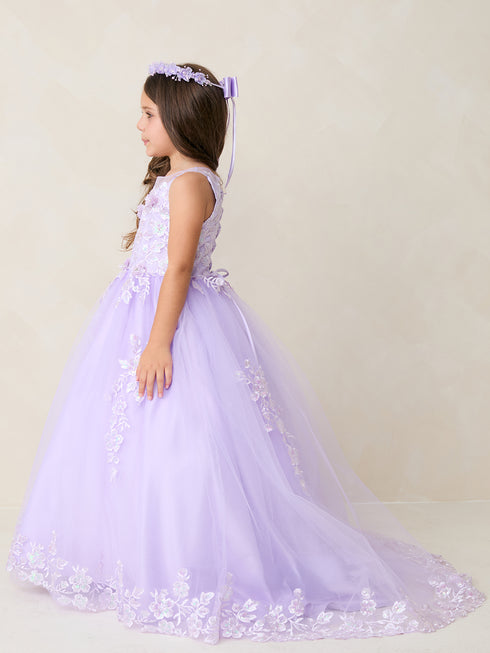 Girls Princess Tulle Dress with Floral Lace Appliqués – Elegant Flower Girl & Party Gown Formal Dress 2-16