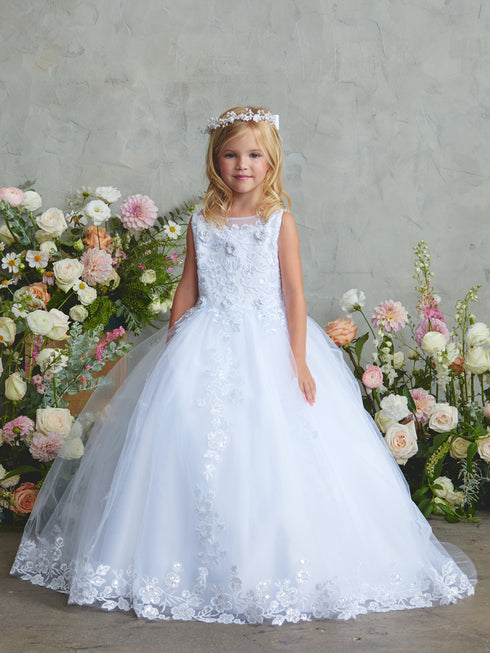 Girls Princess Tulle Dress with Floral Lace Appliqués – Elegant Flower Girl & Party Gown Formal Dress 2-16