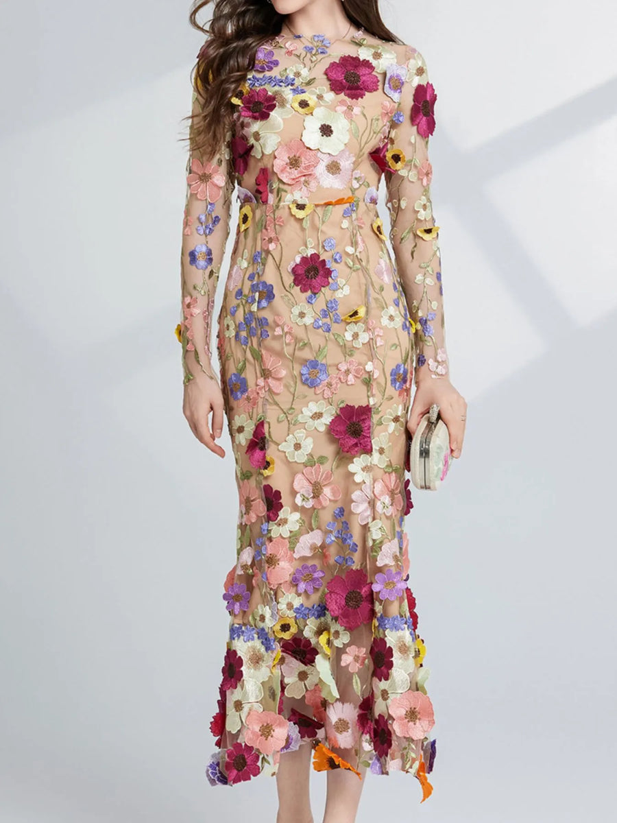 mesh embroidered dress Floral Long Sleeve Midi from OhSoStyled at Sophia's Style Yellow / S SIZE:Custom size Luxury Gold Beaded Stripe&Floral 100% Polyester Stretch graduación