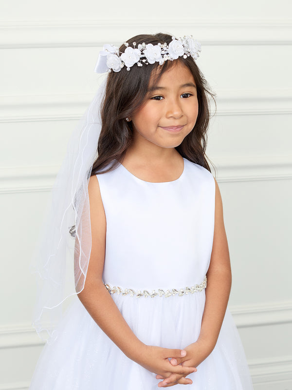 Girls Elegant Floral Communion Crown with Veil