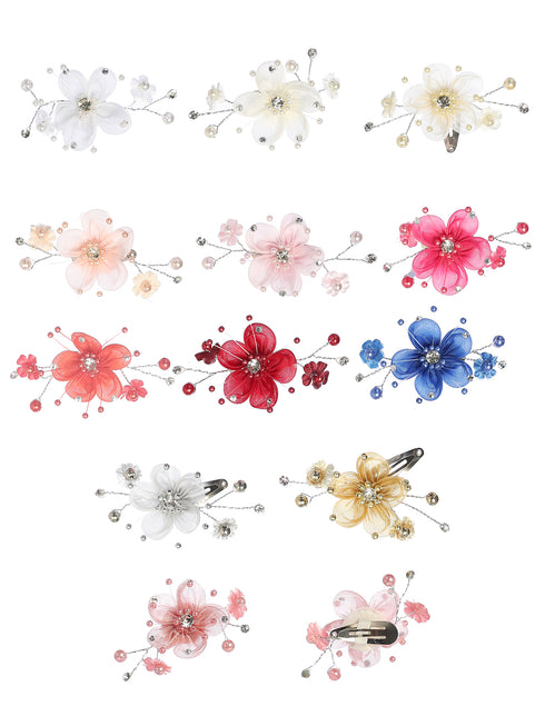 Girls Flower Hair Clips with Snap Clips - 6 Pairs/Pack