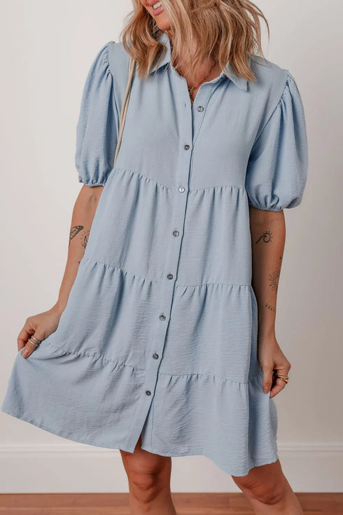 button-up-puff-sleeve-tiered-shirt-dress OhSoStyled at Sophia's Style-1