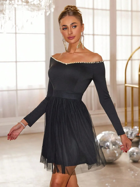 pearl-trim-mesh-hem-off-shoulder-dress-OhSoStyled-Sophia's-Style-4