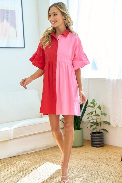 Women's Full Size Color Blocked Button Down Babydoll Dress