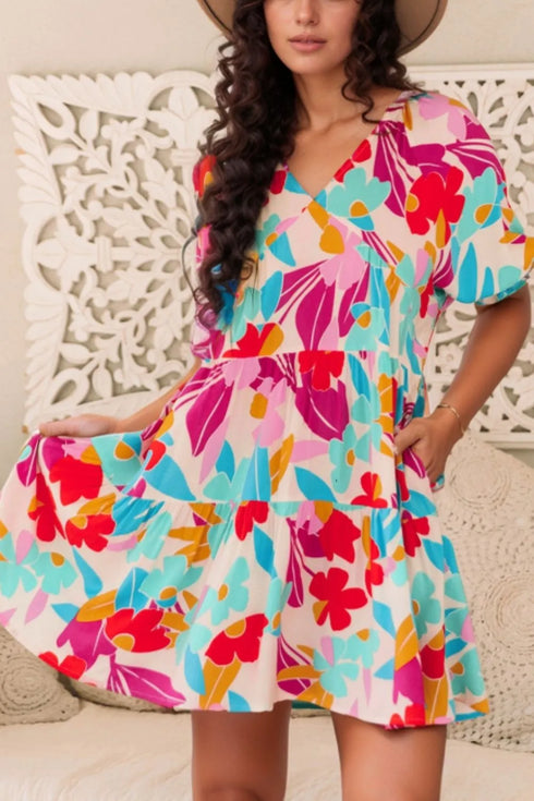 floral-bubble-sleeve-v-neck-tiered-ruffle-babydoll-dress OhSoStyled at Sophia's Style-1