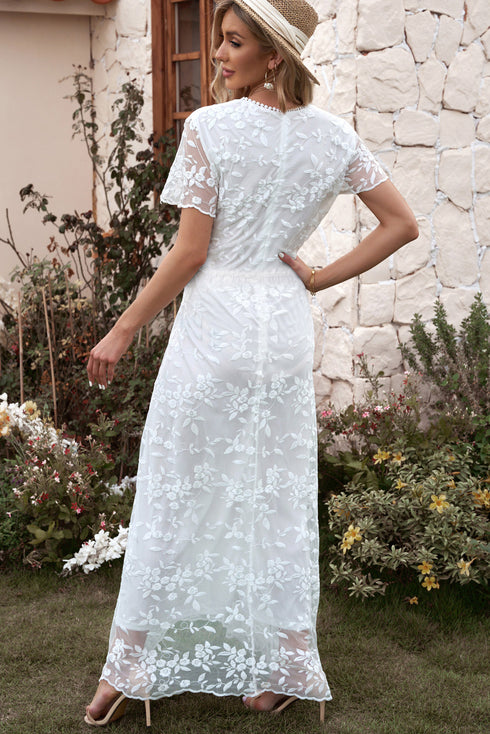 embroidered-short-sleeve-surplice-neck-maxi-dress Sophia's Trends - Sophia's Style-White-M