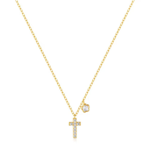 gold-plated-sterling-silver-cross-necklace-with-sparkling-cz-and-floral-charm-Sophia's StyleNecklaces-1