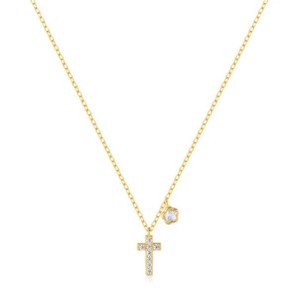 gold-plated-sterling-silver-cross-necklace-with-sparkling-cz-and-floral-charm-Sophia's StyleNecklaces-1