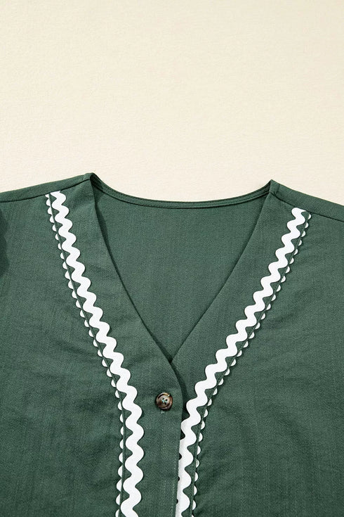 contrast-ricrac-trim-button-v-neck-knotted-bracelet-sleeve-shift-dress-OhSoStyled-Sophia's-Style-5