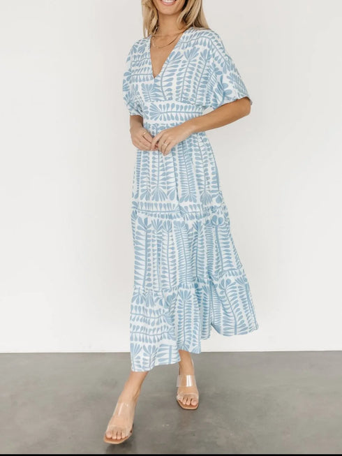 ruched-printed-v-neck-half-sleeve-midi-dress OhSoStyled - Sophia's Style in Light Blue-11