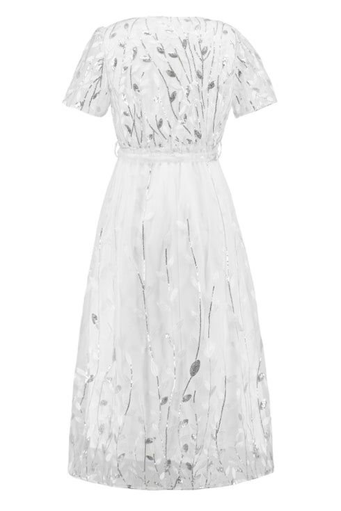 sequin-leaf-embroidery-tie-front-short-sleeve-dress Sophia's Trends - Sophia's Style--