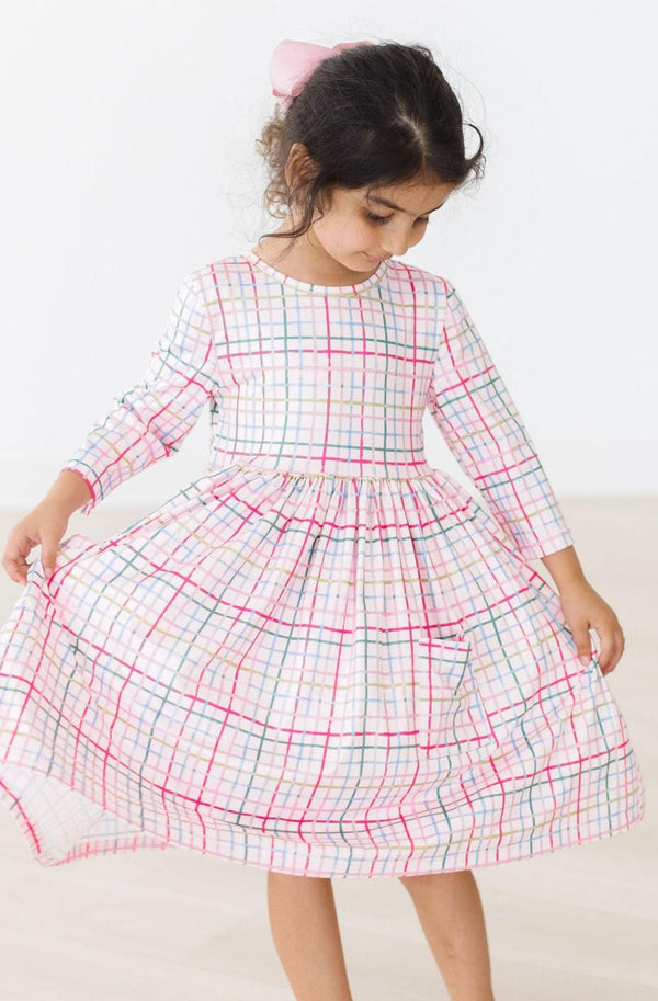 pink-plaid-3-4-sleeve-pocket-twirl-dress Mila &  Rose - Sophia's Style-Pink Plaid 3/4 Sleeve Pocket Twirl Dress-6-12M--1