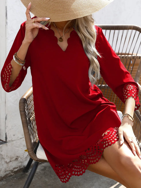 cutout-v-neck-three-quarter-sleeve-mini-dress OhSoStyled at Sophia's Style-2
