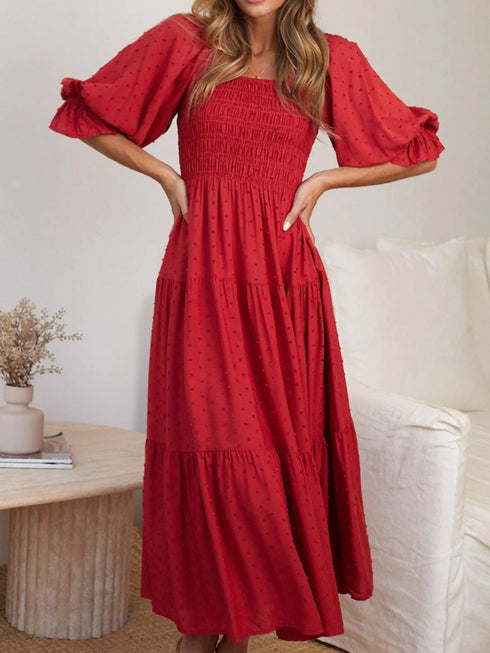 smocked-swiss-dot-square-neck-flounce-sleeve-dress OhSoStyled at Sophia's Style-1