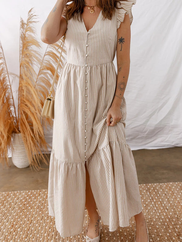 stripe-flutter-sleeve-buttoned-front-slit-maxi-dress-OhSoStyled-Sophia's-Style-1