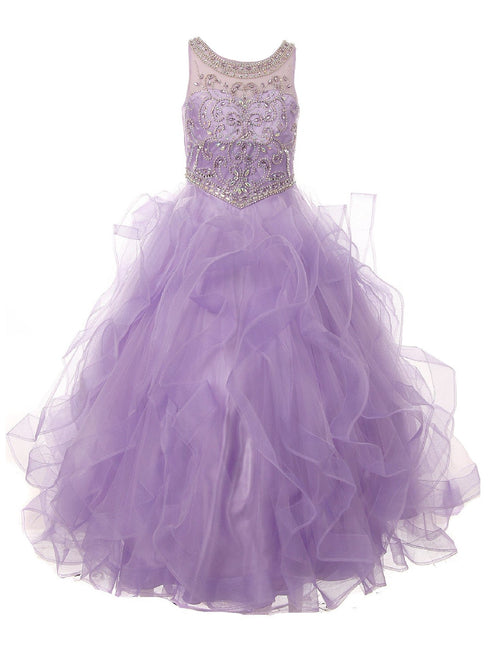 Big Girls Lilac Ocean Waves Rhinestone Scoop Neck Pageant Dress 8-16 - SophiasStyle.com
