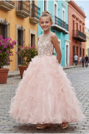 Big Girls Blush Ruffles Rhinestone Illusion Neck Pageant Dress 8-16