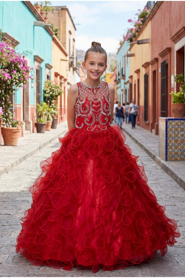 Little Girls Burgundy Ruffles Rhinestone Illusion Neck Pageant Dress 2-6