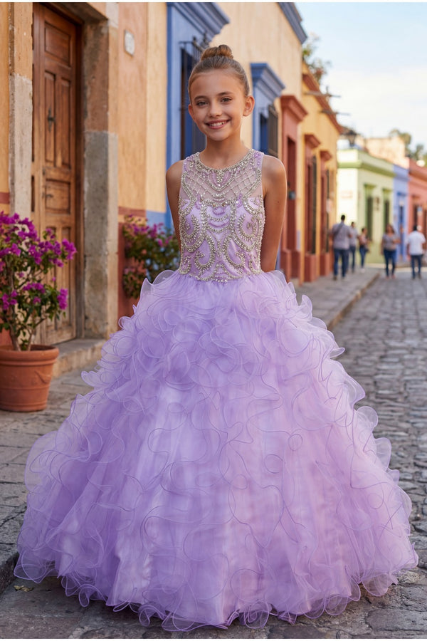 Vestido de desfile de cuello ilusión de diamantes de imitación con volantes lila para niñas grandes 8-16