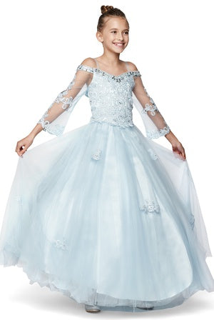 Big Girls Blue Off Shoulder Long Sleeve Rhinestone  Pageant Dress 8-16 - SophiasStyle.com