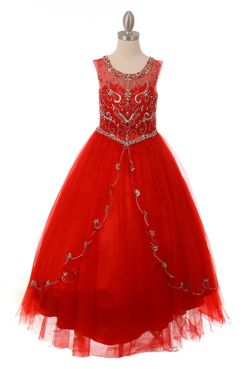 Girls Hand Beaded Rhinestone Bateau Neckline Pageant Dress 2-20