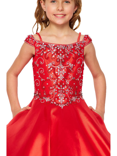 Little Girls Red Rhinestone Crepe Satin Off Shoulder Ball Gown 2-6 - SophiasStyle.com