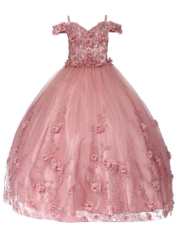 Bliss Big Girls Dusty Rose Sweetheart Off Shoulder 3D Floral Ball Gown 8-16 - SophiasStyle.com