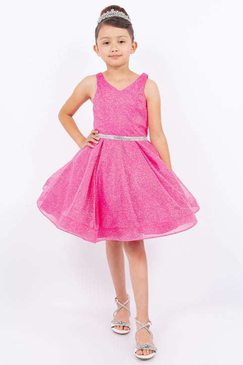 Big Girls Multi Color Glitter Mesh V Neck Short Dress 4-16