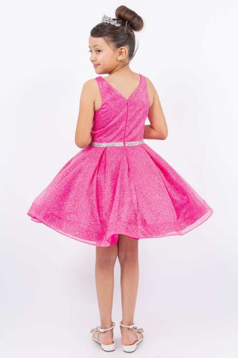 Girls Hot Pink Glitter Mesh V Neck Short Dress 6-12