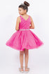 Girls Hot Pink Glitter Mesh V Neck Short Dress 6-12