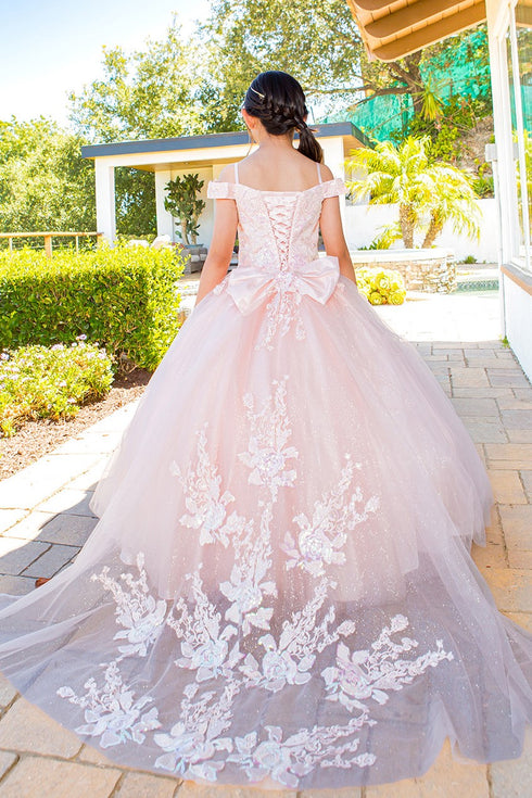 Girls Mini Quince Off-Shoulder Tail Pageant Dress 6-12