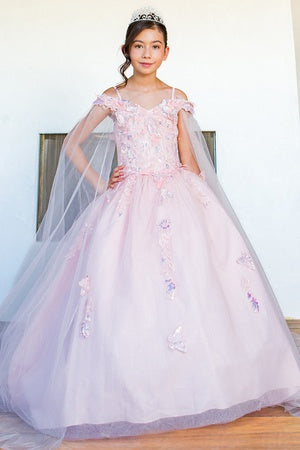 Bliss Girls Lilac Organza Butterfly Off Shoulder Party Dress with Detachable Sleeves, Sizes 4-12