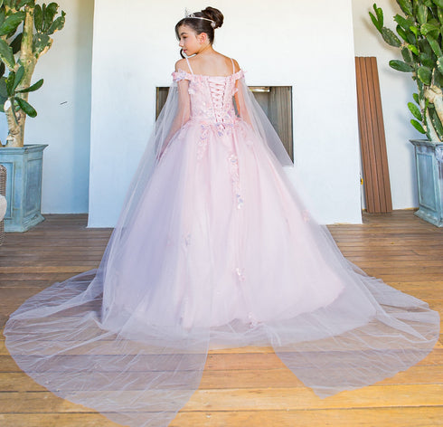 Bliss Girls Lilac Organza Butterfly Off Shoulder Party Dress with Detachable Sleeves, Sizes 4-12