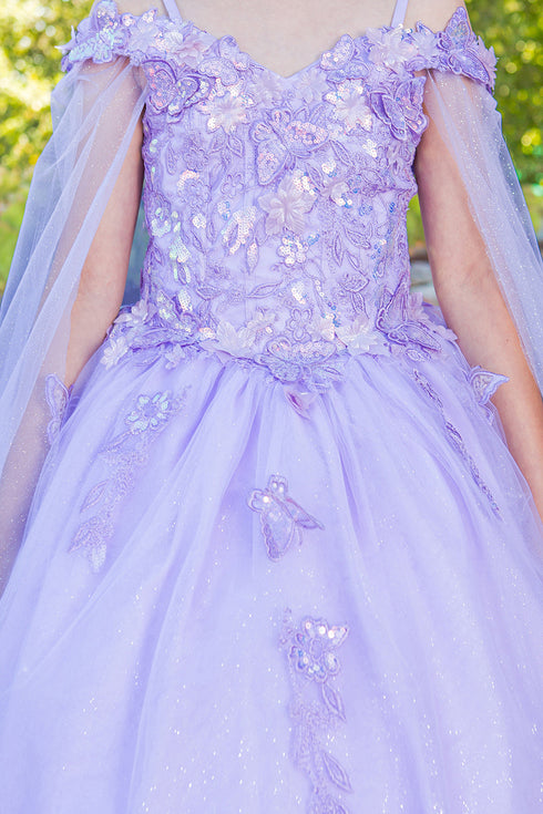 Bliss Girls Lilac Organza Butterfly Off Shoulder Party Dress with Detachable Sleeves, Sizes 4-12