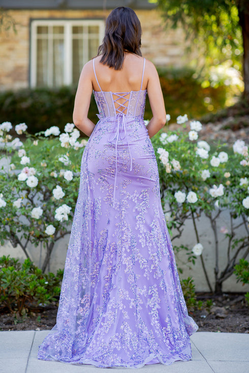 Bliss Lilac Sheer Corseted Bodice Pleated Satin Gown for Women, Sizes XS-3XL