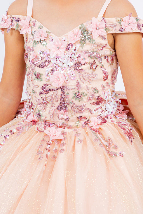 Girls 3D Beaded Applique A-line Off Shoulder Ball Gown 2-16