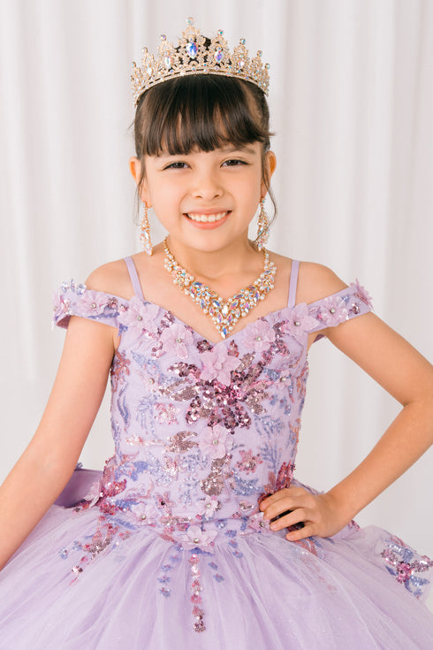 Girls 3D Beaded Applique A-line Off Shoulder Ball Gown 2-16