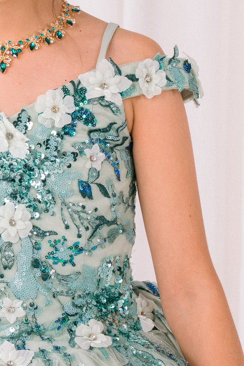 Girls 3D Beaded Applique A-line Off Shoulder Ball Gown 2-16